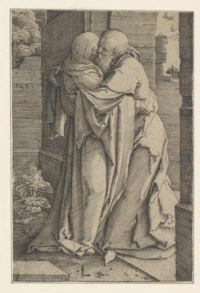 Św. Joachim w objęciach św. Anny, 1520. autorstwa Lucas van Leyden