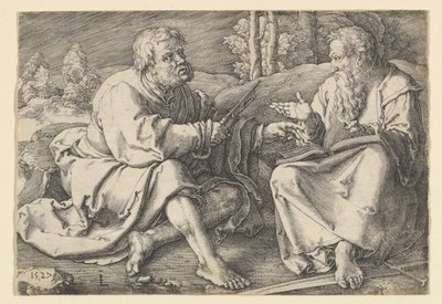 św. Piotr i Paweł siedzący w krajobrazie, 1527. autorstwa Lucas van Leyden