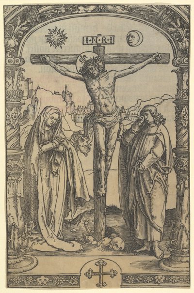 Ukrzyżowanie użyte w Missale Traiectense Utrecht Missal, Leiden, 1514, ok. 1512. autorstwa Lucas van Leyden