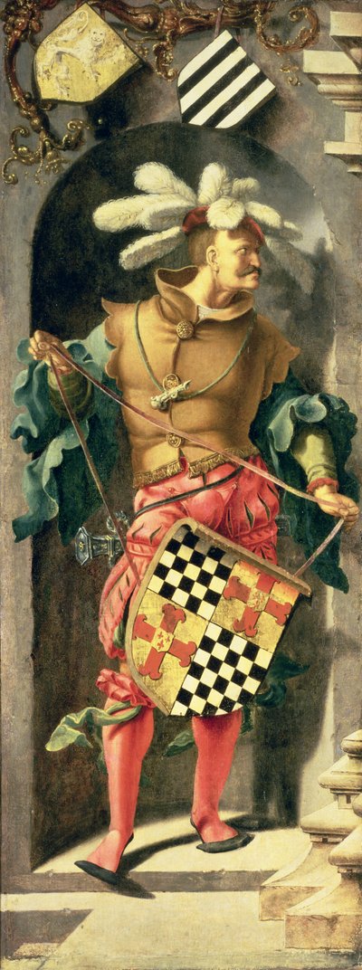Uzdrowienie ślepca z Jerycha, lewy panel tryptyku przedstawiający wojownika z herbem patrona, 1531 (olej na płótnie przeniesiony z panelu) autorstwa Lucas van Leyden