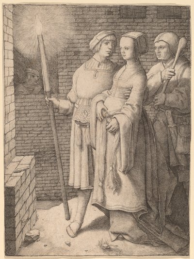 Mężczyzna z pochodnią i kobieta śledzona przez głupca autorstwa Lucas van Leyden