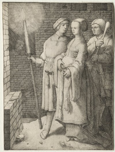 Mężczyzna z pochodnią i kobieta śledzona przez głupca, c. 1508. autorstwa Lucas van Leyden