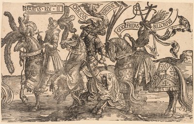 Dziewięciu Bohaterów: Artur, Karol Wielki (Charlemagne), Godfrey z Bouillon autorstwa Lucas van Leyden