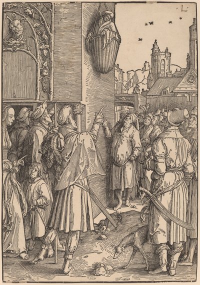 Poeta Virgil zawieszony w koszu autorstwa Lucas van Leyden