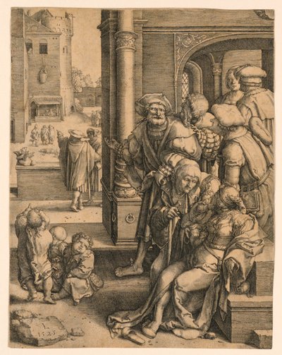 Poeta Virgil zawieszony w koszu autorstwa Lucas van Leyden