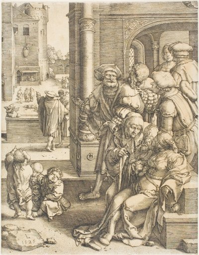 Poeta Virgil zawieszony w koszu autorstwa Lucas van Leyden