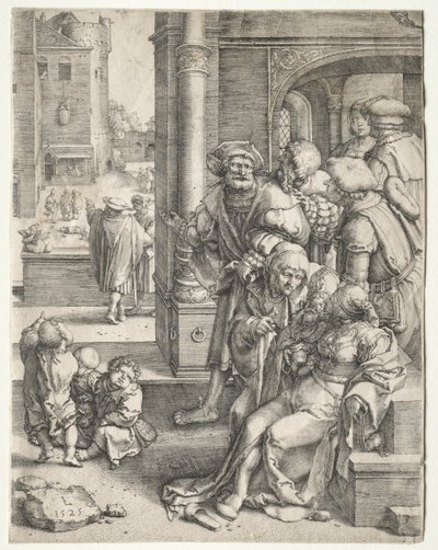 Poeta Virgil zawieszony w koszu autorstwa Lucas van Leyden