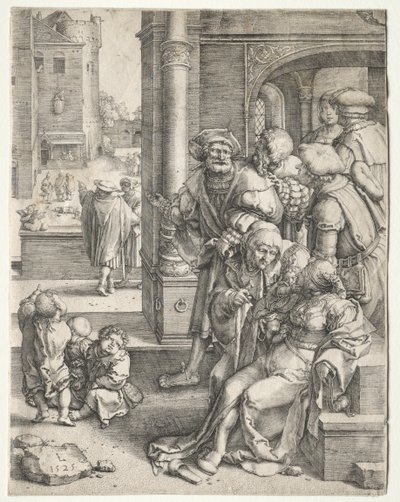 Poeta Virgil zawieszony w koszu, 1525. autorstwa Lucas van Leyden