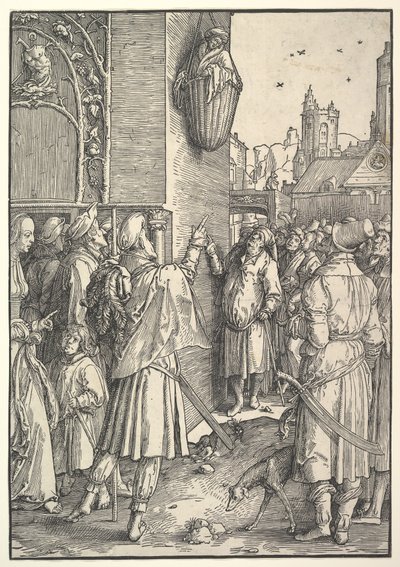 Poeta Wergiliusz w koszu, 1512. autorstwa Lucas van Leyden