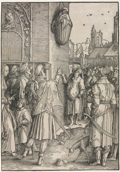 Siła kobiet: poeta Virgil zawieszony w koszu autorstwa Lucas van Leyden