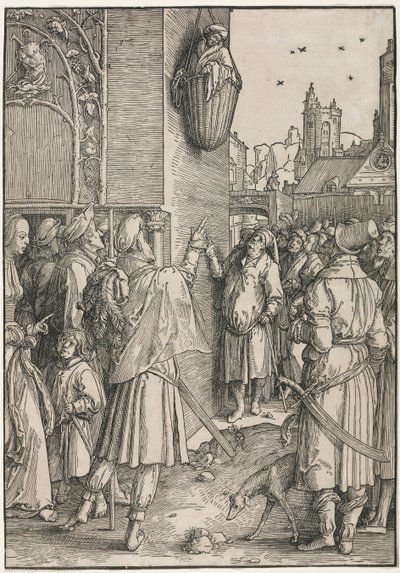 Siła kobiet: poeta Virgil zawieszony w koszu, c. 1512. autorstwa Lucas van Leyden