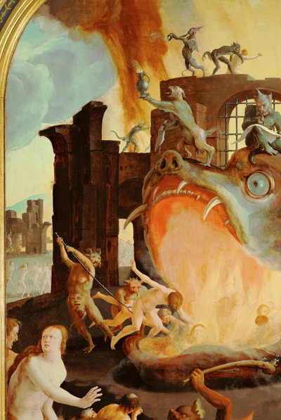 Piekielna paszcza pożerająca potępionych (olej na drewnie) autorstwa Lucas van Leyden