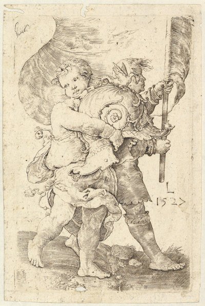 Dwóch chłopców z kaskiem i sztandarem, 1527. autorstwa Lucas van Leyden