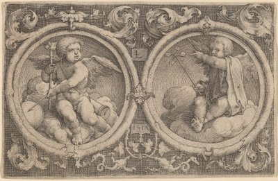 Dwa amorki siedzące na chmurach w dwóch kręgach autorstwa Lucas van Leyden