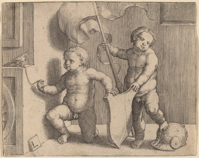Dwoje nagich dzieci podtrzymujących pustą tarczę autorstwa Lucas van Leyden