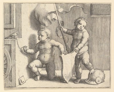 Dwoje nagich dzieci podtrzymujących pustą tarczę, ca. 1510. autorstwa Lucas van Leyden