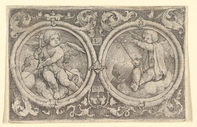 Dwóch Putti siedzących w chmurach w kręgach z wąsami, 1517. autorstwa Lucas van Leyden