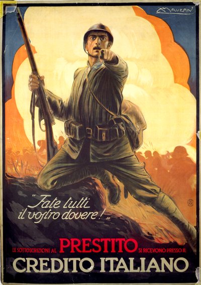 Włoski plakat propagandowy z I wojny światowej reklamujący obligacje wojenne autorstwa Luciano Achille Mauzan