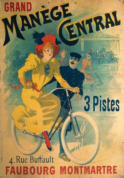 Grand Manege Central, plakat reklamowy toru rowerowego przedstawiający kobietę na rowerze autorstwa Lucien Baylac