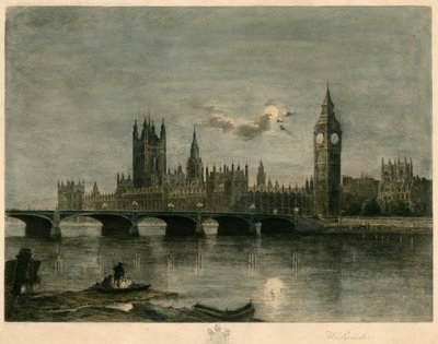 Westminster w nocy kolorowany grawerunek autorstwa Lucien Marcelin Gautier