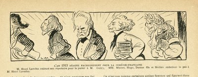 Ilustracja w Le Rire, 04.01.2013 - rok 1913... - Teatr, Comedie francaise - Hugo Victor, Dumas Alexandre (syn), Lavedan Henri (1859-1940), Guitry Sacha, Musset Alfred, Moliere (rycina) autorstwa Lucien Metivet