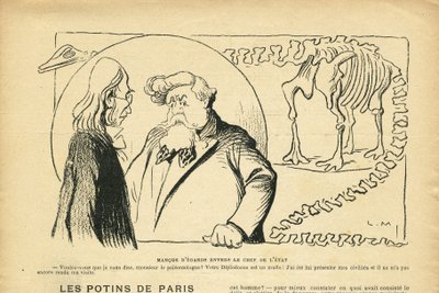 Ilustracja w Le Rire, 27.06.08 - Lekceważenie Głowy Państwa - Prezydenta Republiki, Dinozaur, Paleontologia - Fallieres Armand (1841-1931), Dinozaur, Diplodok (rycina) autorstwa Lucien Metivet