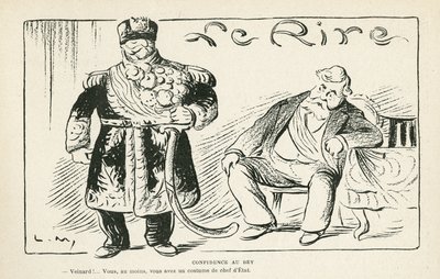Ilustracja w Le Rire, 27.07.12 - Confidence au bey - Kolonizacja - Fallieres Armand (1813-1941), Naceur Bey (Mohamed el-Naceur Bey) (1855-1922) (rycina) autorstwa Lucien Metivet