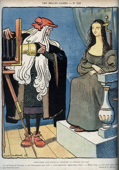 Mona Lisa - La Gioconda - (Mona Lisa siedzi - Leonardo Da Vinci (Leonard de Vinci) walczy z aparatem. Leonardo mówi, że król Francois 1 jest dla niego bardzo dobry, ale chciał umrzeć w ramionach Mona Lisy zamiast tych z ki autorstwa Lucien Metivet