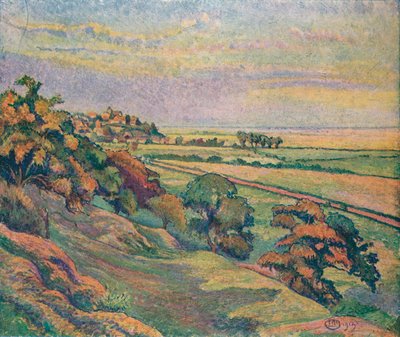 Żyto z Cadborough, zachód słońca, 1913 autorstwa Lucien Pissaro