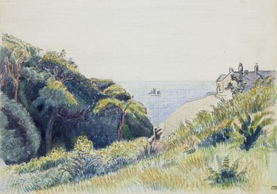 Dom Straży Przybrzeżnej, Ecclesbourne, 1918 (pióro i szary tusz oraz kolorowe kredki na papierze strukturalnym) autorstwa Lucien Pissarro