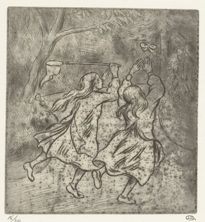 Dwie dziewczyny łapią motyle autorstwa Lucien Pissarro