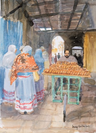 Sprzedawca bajgli na Starym Mieście, Jerozolima, 2019 (w/c na papierze) autorstwa Lucy Willis