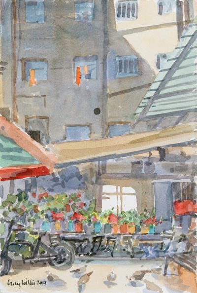 Suszenie Orange Dusters, Mahane Yehuda, Jerozolima, 2019 (w/c na papierze) autorstwa Lucy Willis