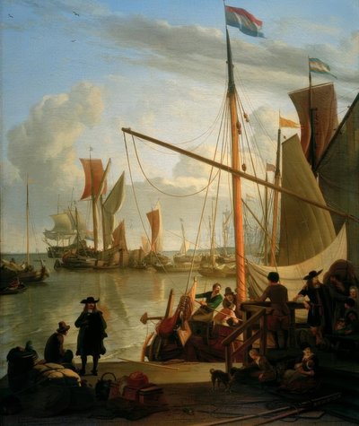 Ij przed Amsterdamem z Mosselsteiger lub Bothhuisjes autorstwa Ludolf Backhuysen