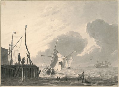Port na morzu podczas burzy z piorunami autorstwa Ludolf Bakhuizen