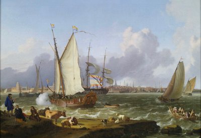 Widok na Emden z wyspy Nesserland autorstwa Ludolf Bakhuizen