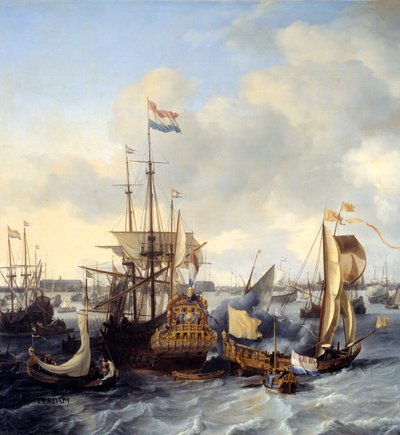 Widok na port w Amsterdamie ze szczegółami. Obraz Ludolfa Backhuysena (1631-1708) 1666 nd. 1,28x2,21 m² autorstwa Ludolf I Backhuysen