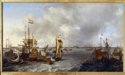 Port w Amsterdamie widziany z rzeki Ijssel ... autorstwa Ludolf I Backhuyzen