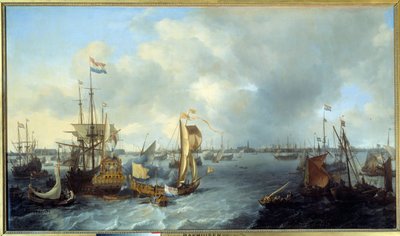 Widok na port w Amsterdamie z obrazu Ij autorstwa Ludolfa Backhuyzena (1631-1708) 1666 nd. 1,28x2,21 m² autorstwa Ludolf I Backhuyzen