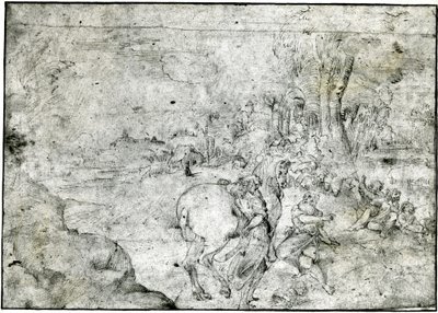 Erminia i pasterze, ok. 1600 r. (pióro i tusz na papierze) autorstwa Ludovico Carracci