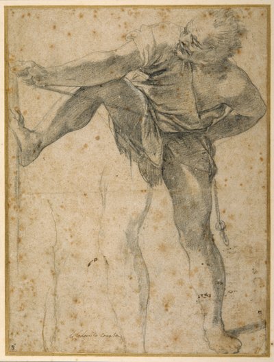 Mężczyzna ciągnący linę, lewa noga ćwiczona po raz drugi (czarna kreda na papierze) autorstwa Ludovico Carracci