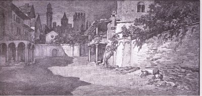 Otwarta przestrzeń przylegająca do ogrodu Kapuletów, ilustracja z Romea i Julii, autorstwa Ludovico Marchetti