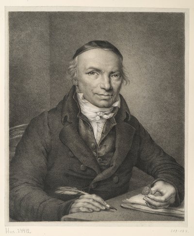Johann Joachim Bellermann, popiersie przy stole, z sygnetem w dłoni autorstwa Ludwig Buchhorn