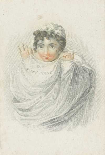Kobieca postać w draperiach Pięć zmysłów reprezentowanych przez postacie kobiece (tytuł serii) Die Funf Sinne (tytuł serii na obiekcie) autorstwa Ludwig Gottlieb Portman