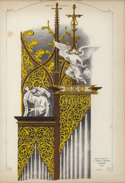 Fragment organów w kościele Mariackim, Lubeka, Niemcy (kolor lito) autorstwa Ludwig Gruner