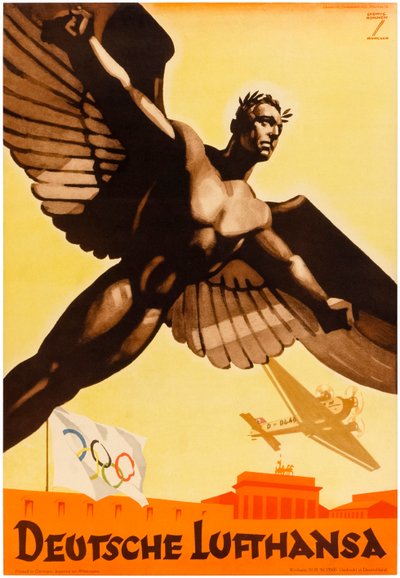 Deutsche Lufthansa, plakat niemieckich linii lotniczych promujący Igrzyska Olimpijskie 1936 w nazistowskich Niemczech (plakat) autorstwa Ludwig Hohlwein