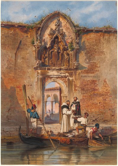 Mnisi kupują ryby przed portalem Madonna della Misericordia autorstwa Ludwig Johann Passini