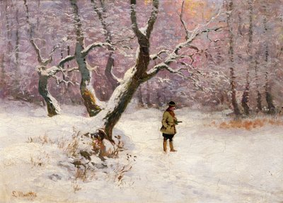 Zimowy pejzaż z Łowcami (olej na płótnie) autorstwa Ludwig Munthe