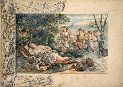 Śpiąca Diana z Towarzyszami (akwarela nad grafitem na papierze) autorstwa Ludwig Sigismund Ruhl