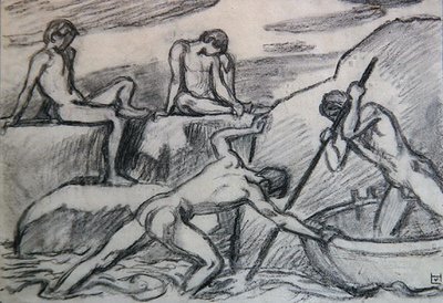 Nagi wioślarz i młodzież na zielonym brzegu (grafit na papierze) autorstwa Ludwig von Hofmann